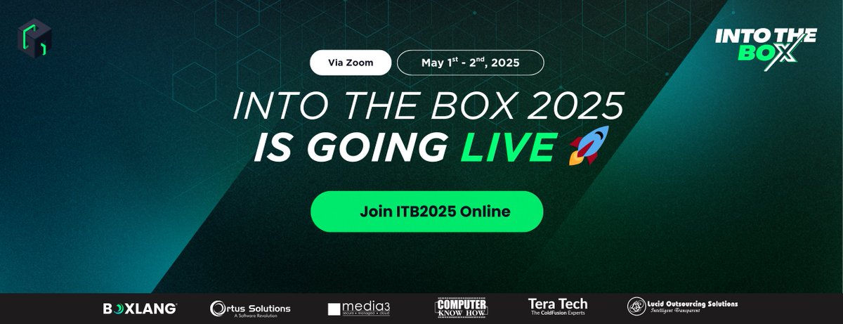 ortussolutions's tweet photo. Hi everyone, Into the Box 2025 Live Version tickets are out!: We’ll live stream the entire conference via Zoom on May 1–2, and the early bird online ticket is just $199 until April 16th. You can register at https://t.co/3GmZ5W9hlT

Tickets are limited this year; we will keep you posted on availability.

This is what you’ll get with your online ticket purchase:

✅ 50% off a BoxLang+ License
✅ Lifetime access to the recordings on CFCast
✅ Live access to all sessions (May 1-2) - Workshops not available online
✅ Live chat + Q&A with speakers

If you're into modern BoxLang and CFML development, this is the best way to stay in the loop and grow with the community. The BoxLang Stable release will be announced at ITB2025, so you cannot miss it! Review agenda at:
https://t.co/iSOCj5J3Z3 🚀

We’d love to see you there!

#CFML #BoxLang #ColdFusion #Web #App #Adobe #AdobeColdfusion #Tech #IT #Development #software #Opensource