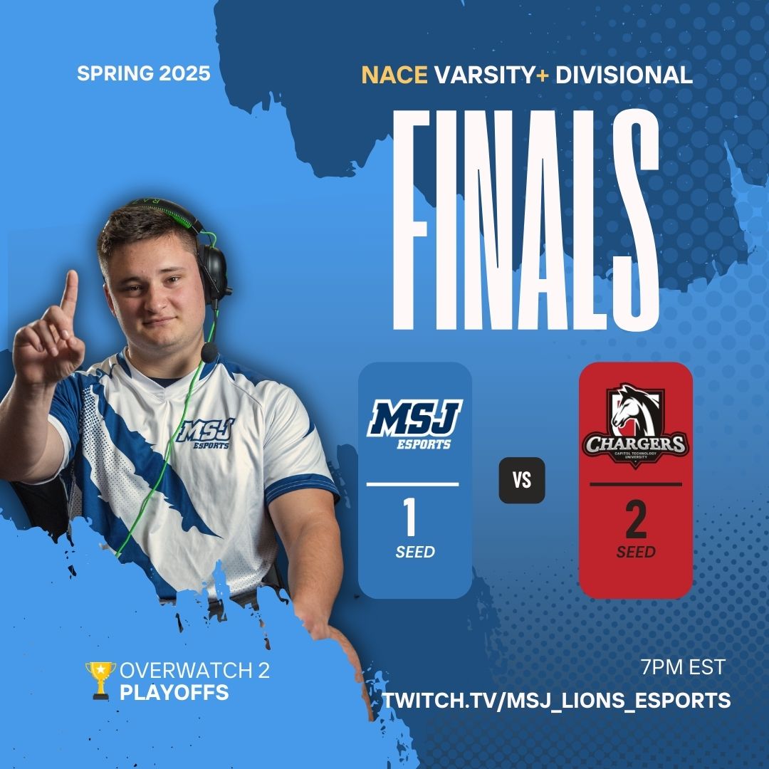 THE FINALS ARE HERE!!

Come join the stream tonight as Overwatch takes on the Capitol Tech Chargers for our NACE Varsity+ Divisional Finals! Game starts at 7pm EST hope to see you there!

twitch.tv/msj_lions_espo…

#MountUp #playoffs #finals