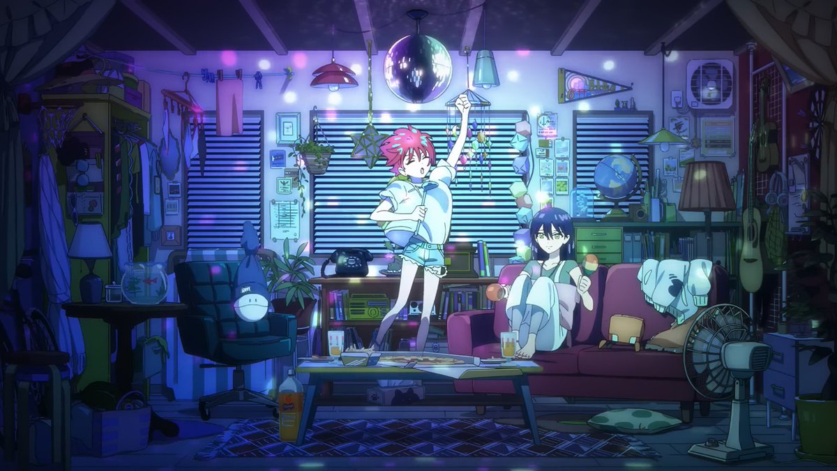 Yuyucow's tweet image. Very cute ending directed and storyboarded by Touko Yatabe. The mostly fixed camera jumping across minor variations &amp;amp; the cluttered interior make it feel nicely lived-in, and it&apos;s interesting to see it share motifs from the show itself like the spotlights