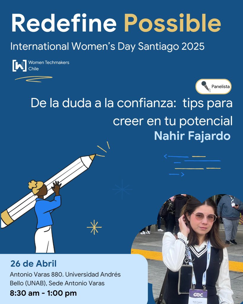 𝗣𝗮𝗻𝗲𝗹𝗶𝘀𝘁𝗮 𝗰𝗼𝗻𝗳𝗶𝗿𝗺𝗮𝗱𝗮 🙌 😎

𝗜𝗻𝘀𝗰𝗿𝗶𝗯𝗲𝘁𝗲 𝗮 𝗻𝘂𝗲𝘀𝘁𝗿𝗼 𝗲𝘃𝗲𝗻𝘁𝗼 𝗽𝗿𝗲𝘀𝗲𝗻𝗰𝗶𝗮𝗹:
"Redefine Possible"

✍️wtm.cl 
🗓️26 de abril 🎉
📍Antonio Varas 880, 𝘚𝘵𝘨𝘰

<a href="/Mizu__chin/">Mizu__chin</a> 

#womentechmakers