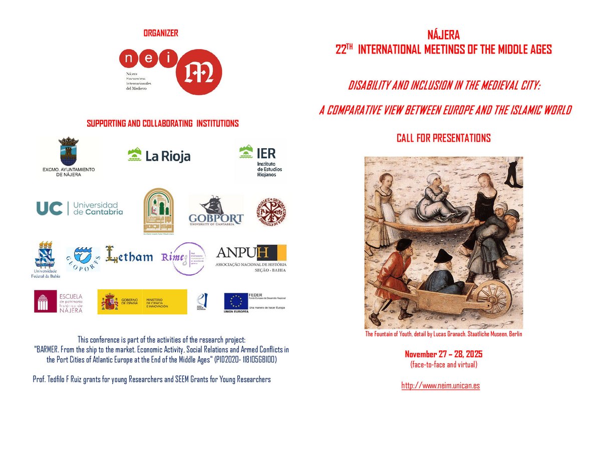NajeraNeim's tweet photo. CFP: 22th International Meetings of the Middle Ages of Nájera (27-28 November, 2025), devoted to "DISABILITY AND INCLUSION IN THE MEDIEVAL CITY: A COMPARATIVE VIEW BETWEEN EUROPE AND THE ISLAMIC WORLD".
The deadline for submissions is on 13th October 2025📷 #medieval https://t.co/qCRkTW6EPo