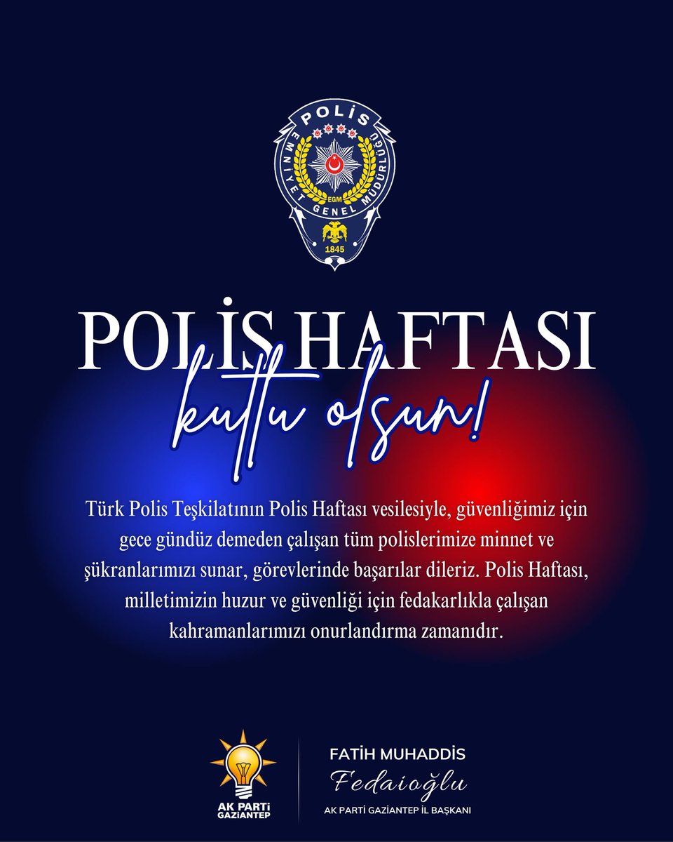 Türk Polis Teşkilatımızın 180. kuruluş yıl dönümünü ve Polis Haftası’nı en içten dileklerimle kutluyorum.

Milletimizin huzuru, güvenliği ve esenliği için gece gündüz demeden büyük bir özveriyle görev yapan kahraman polislerimize minnettarız.

Şehitlerimizi rahmetle, gazilerimizi