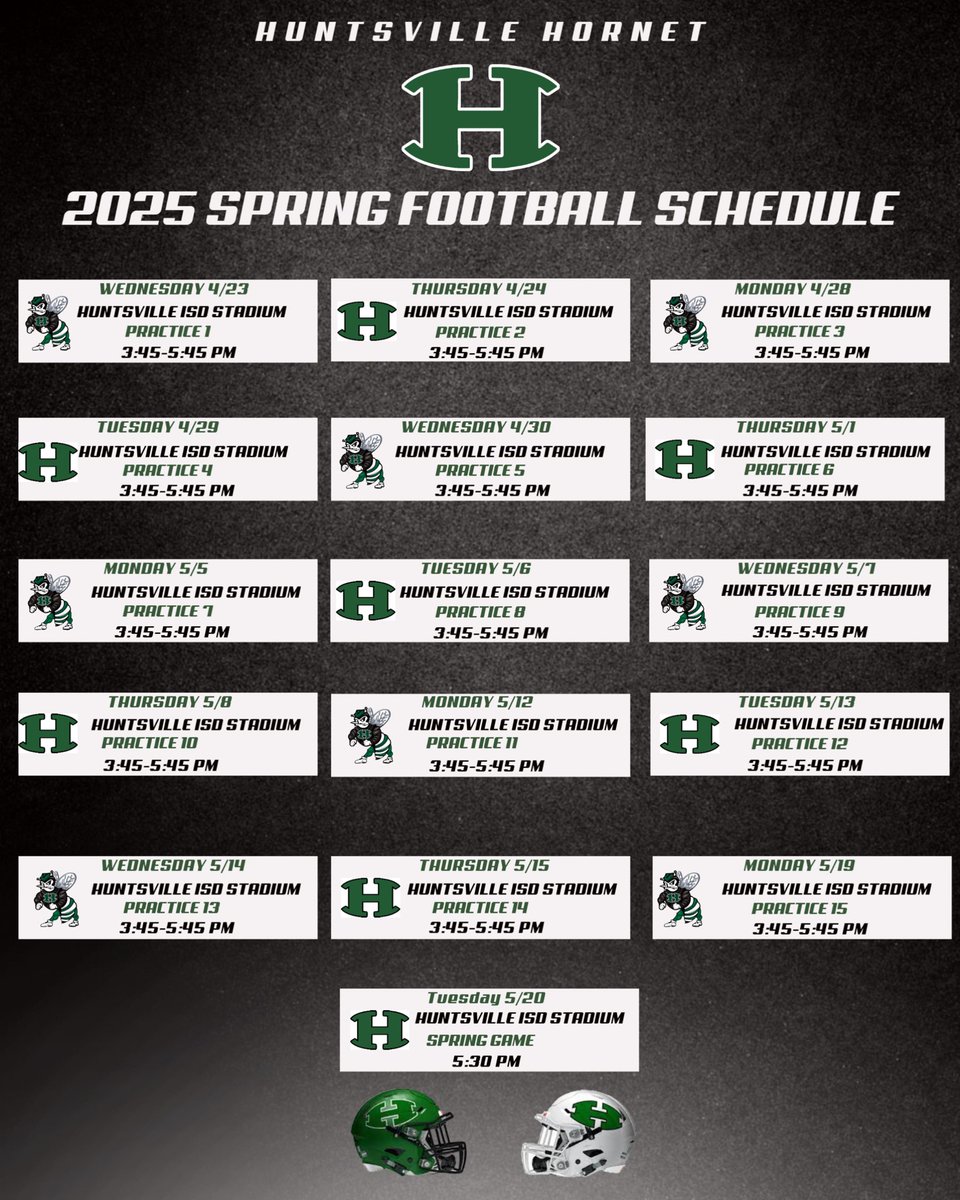 Todd Moebes (@coachmoebes) on Twitter photo **HUNTSVILLE SPRING FOOTBALL**
College Coaches save the dates, will see you from 3:45-5:45 pm at Huntsville ISD Stadium.
<a href="/HISDHornets/">HUNTSVILLE ISD</a> <a href="/_HuntsvilleFB_/">Huntsville Hornet Football</a> <a href="/THSCAcoaches/">THSCA</a> <a href="/hhsmainoffice/">HornetNation</a> <a href="/KSAMSports/">KSAM Sports</a> **HUNTSVILLE SPRING FOOTBALL**
College Coaches save the dates, will see you from 3:45-5:45 pm at Huntsville ISD Stadium.
<a href="/HISDHornets/">HUNTSVILLE ISD</a> <a href="/_HuntsvilleFB_/">Huntsville Hornet Football</a> <a href="/THSCAcoaches/">THSCA</a> <a href="/hhsmainoffice/">HornetNation</a> <a href="/KSAMSports/">KSAM Sports</a>