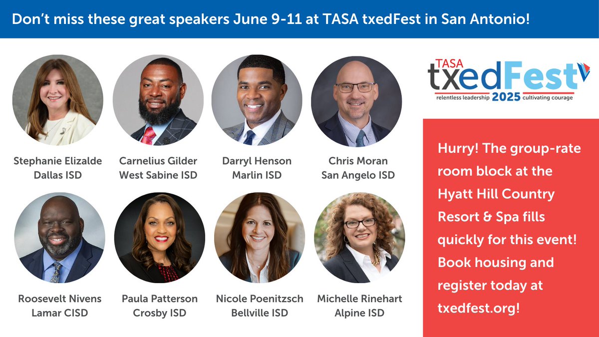 One of the best parts of the TASA #txedFest summer conference? Our speakers! This year we have a new lineup ready to share their leadership experiences + motivate you to be your best for your #txed students and community. txedfest.org #TASA100Years #InspiringLeaders