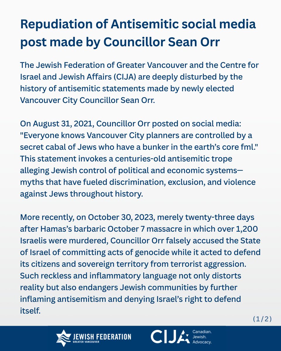 JewishVancouver's tweet image. Joint statement from the Jewish Federation of Greater Vancouver and the Centre for Israel and Jewish Affairs @CIJAinfo strongly condemning the antisemitic social media post made by Councillor @seanorr.