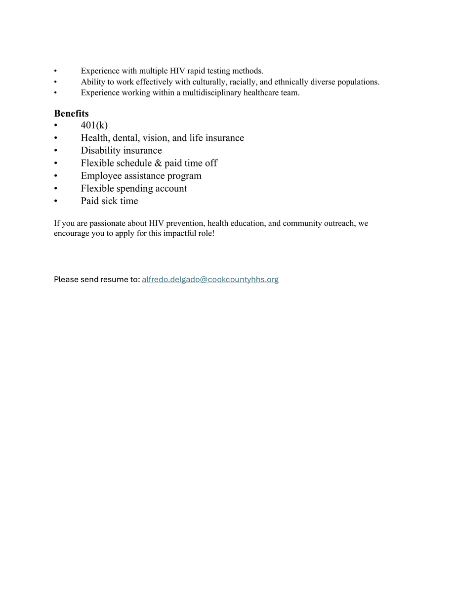 🌟 Now Hiring: West Region PrEP Navigator 🌟

Join the team to provide HIV prevention &amp; PrEP education across Cook County! Be a part of an impactful role that includes patient counseling, health education, and community outreach.

📧 Apply today!