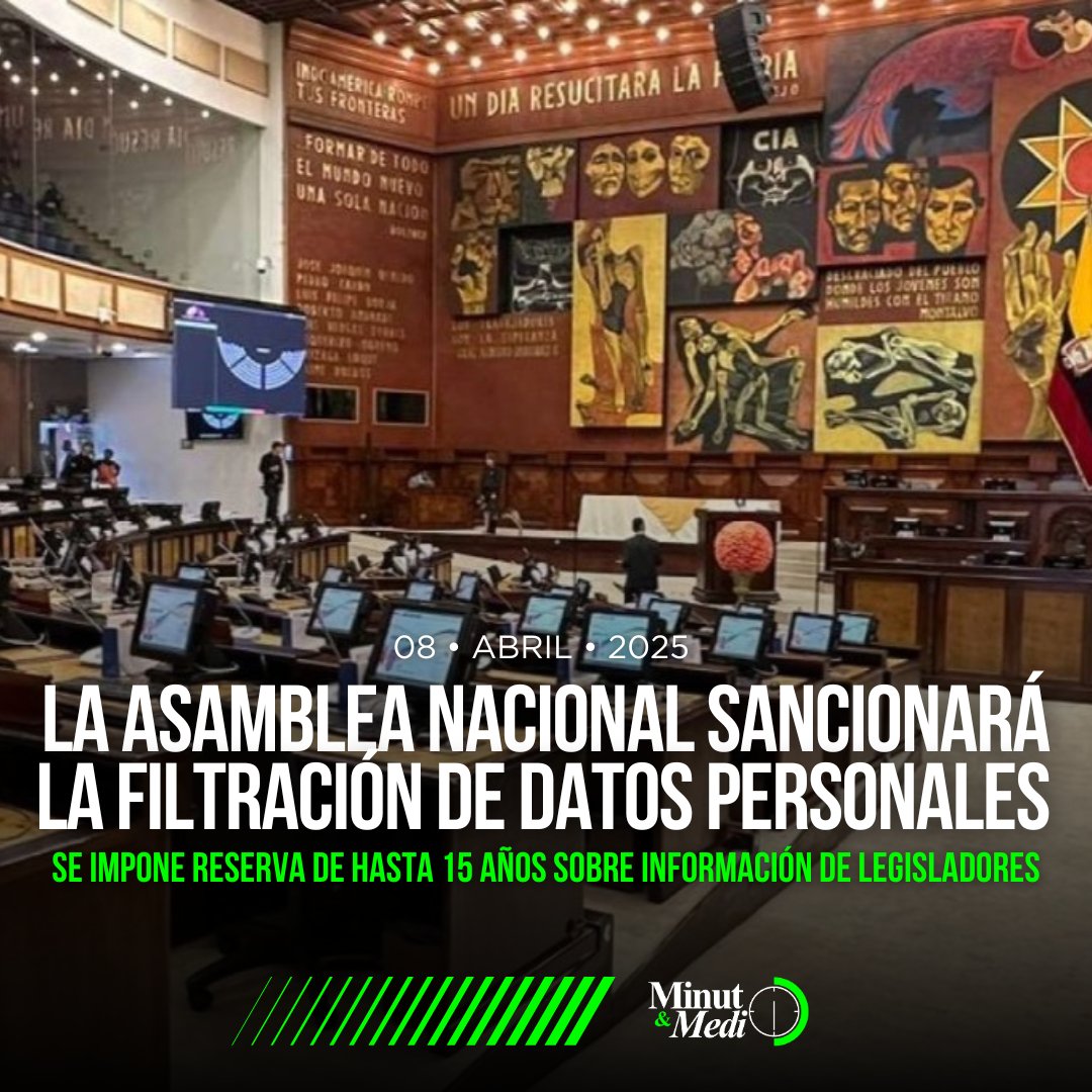 MinMedio's tweet photo. 🟢#ATENCION •La Asamblea Nacional aprobó una nueva política que clasifica como confidencial la información personal y financiera de los asambleístas y servidores legislativos, imponiendo sanciones por incumplimiento. 

Varios legisladores, incluidos Jorge Peñafiel, cuestionan la legalidad de la medida, argumentando que restringe el acceso ciudadano a la información pública. La normativa establece cuatro categorías de clasificación de datos, con un periodo de reserva que puede durar hasta 15 años.