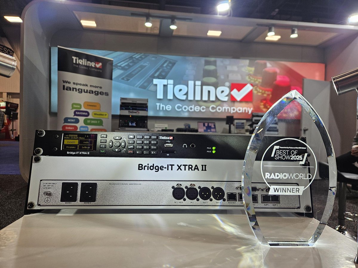Tieline's tweet image. We won a #RadioWorld #BestOfShow award for the #Tieline Bridge-IT XTRA II at the #NABShow ! Congratulations to everyone who worked so hard on developing this incredible codec.