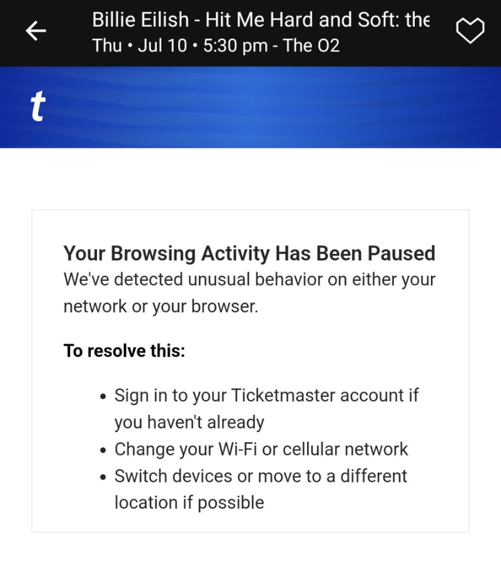 durixuee's tweet photo. @TicketmasterUK literally just trying to get billie resale tickets this is crazy can u fix this xxx https://t.co/wTiUWvRp5F