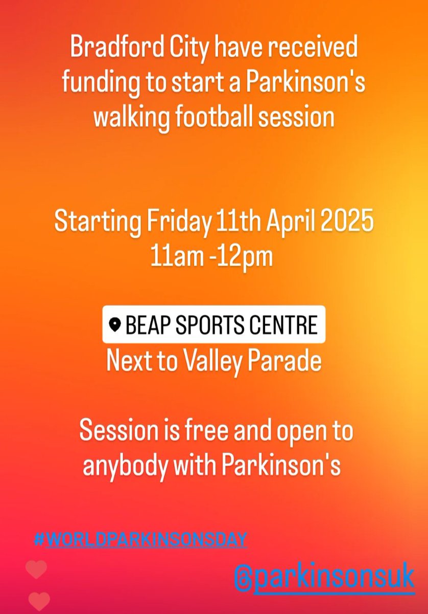emily (@elbonylime) on Twitter photo BRADFORD Walking football sessions starting this Friday, 11-12, free to all with Parkinson's, just turn up and get involved #worldparkinsonsday #walkingfootball #Parkinsons <a href="/hopwood_stuart/">the one in shorts (P)</a> BRADFORD Walking football sessions starting this Friday, 11-12, free to all with Parkinson's, just turn up and get involved #worldparkinsonsday #walkingfootball #Parkinsons <a href="/hopwood_stuart/">the one in shorts (P)</a>