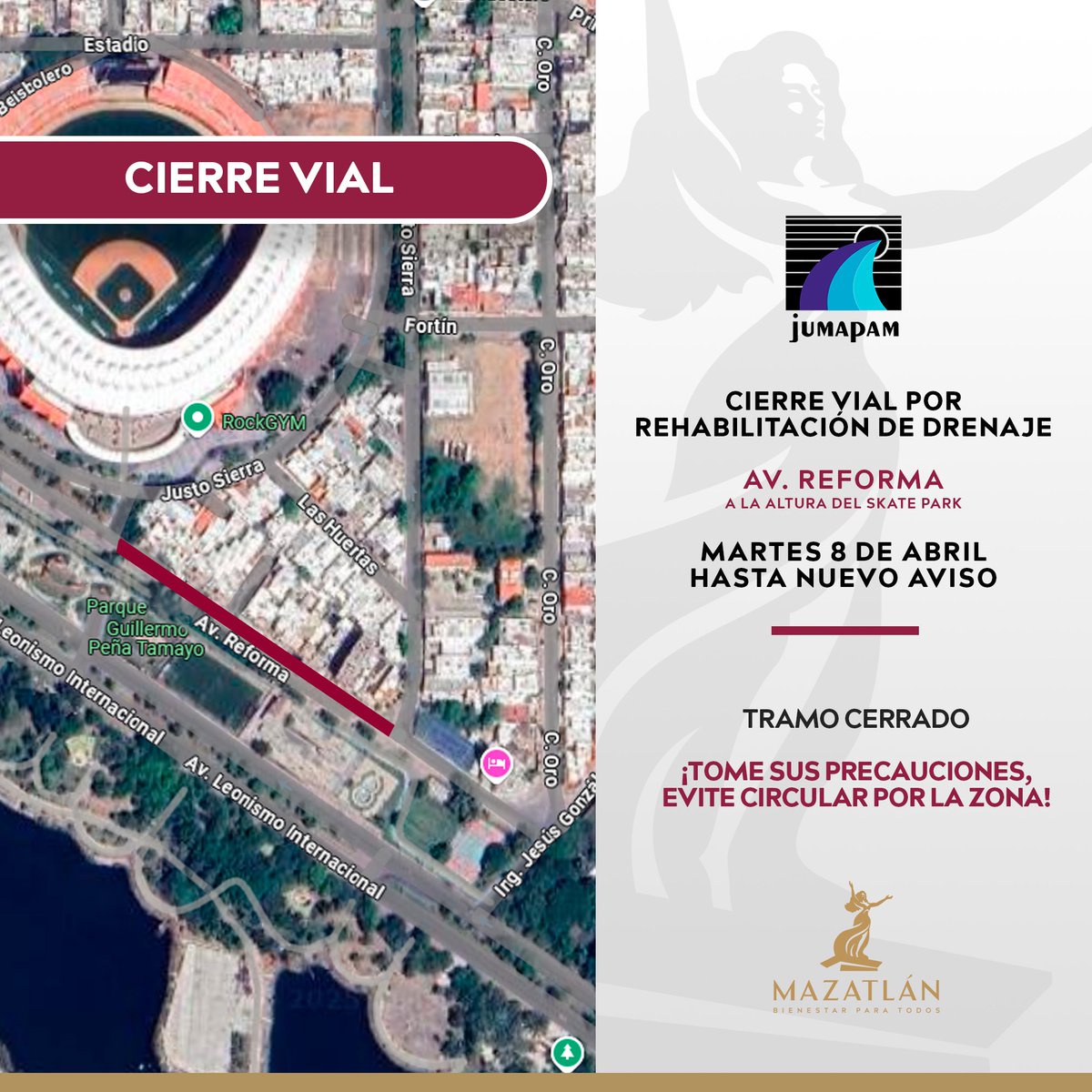 Informamos a la población mazatleca que, a partir del martes 8 de abril, la Avenida Reforma estará cerrada al flujo vial en a la altura del Kilómetro 0, debido a los trabajos para rehabilitar la red de alcantarillado, se recomienda tomar rutas alternas al circular por la zona.