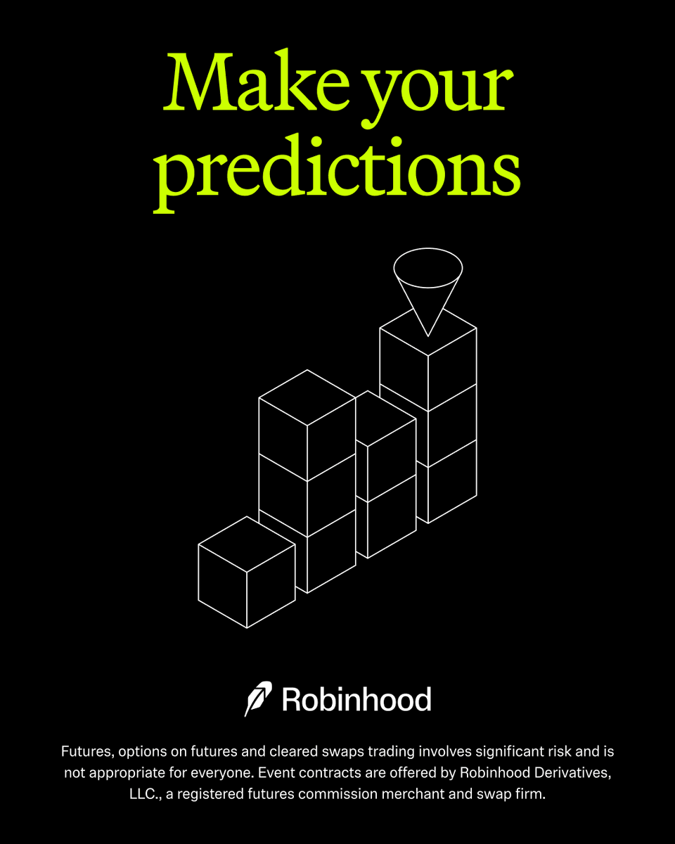 RobinhoodApp's tweet image. New prediction markets now available on Robinhood. 

Make your predictions and watch the markets react in real-time in the hub: rbnhd.co/robinhood-pred…