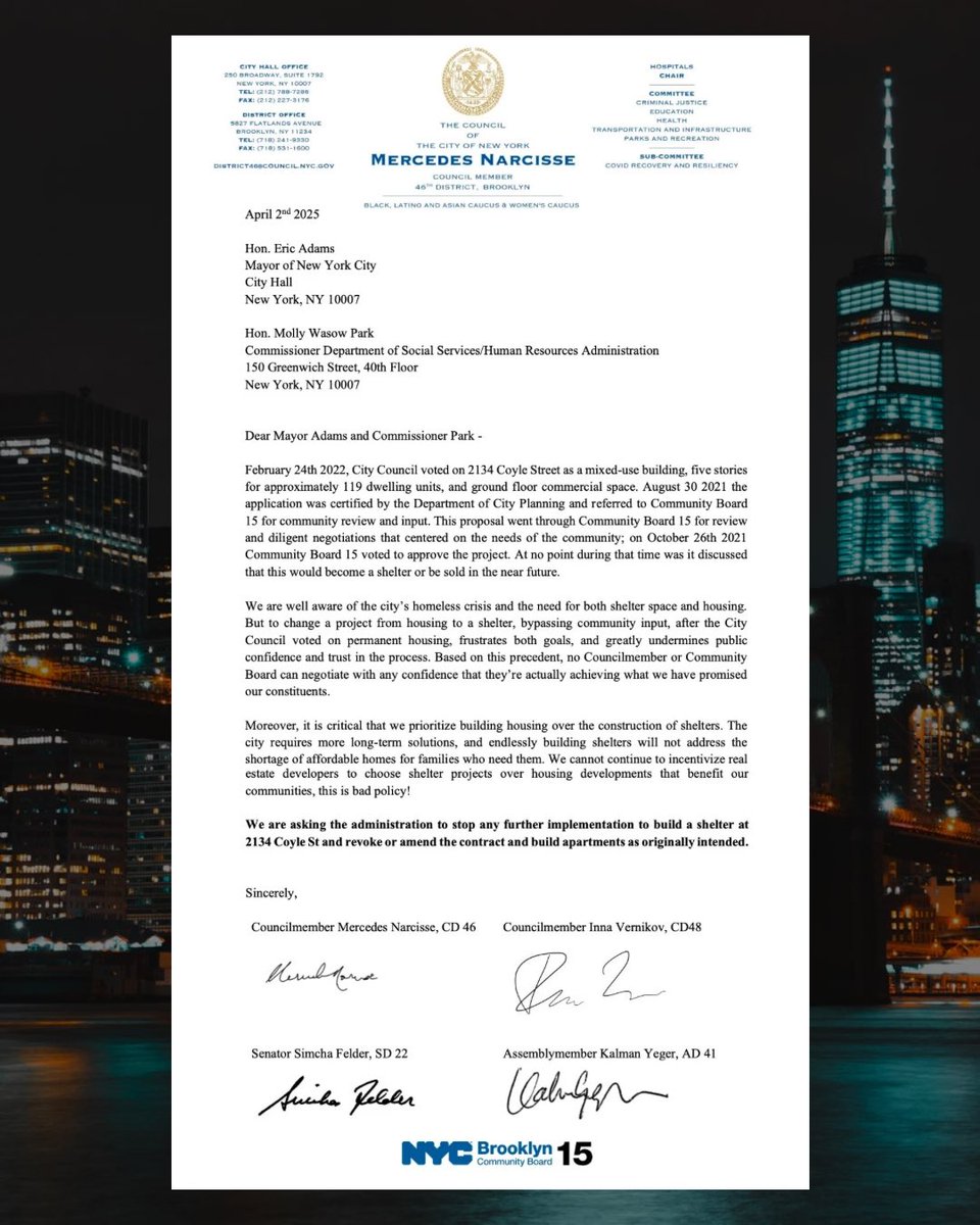 InnaVernikov's tweet photo. RE: The bait-and-switch attempt at 2134 Coyle Street — Although this is not our district, I have been working with @CMMercedesCD46 and other elected officials to STOP this project. 

This site was approved for HOUSING, NOT a shelter, and the city’s decision to reverse course without community input is unacceptable and will undoubtedly affect our community. 

I joined several colleagues in drafting and sending a letter to Mayor Adams and Commissioner Park opposing this contract. We’re demanding that the administration halt the shelter plan and honor the original agreement to build permanent apartments. 

More advocacy to come!
