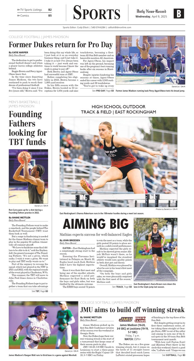 VTCody's tweet photo. Daily News-Record Sports (4/9/25):
-East Rock track &amp; field aiming high
-Former #JMU stars back for Pro Day
-Founding Fathers seeking TBT funds
-#JMU softball hopes to get hot
-Clarke boys, girls soccer earn wins
-Holmes dedicated to improvement https://t.co/jw35t0LCLY