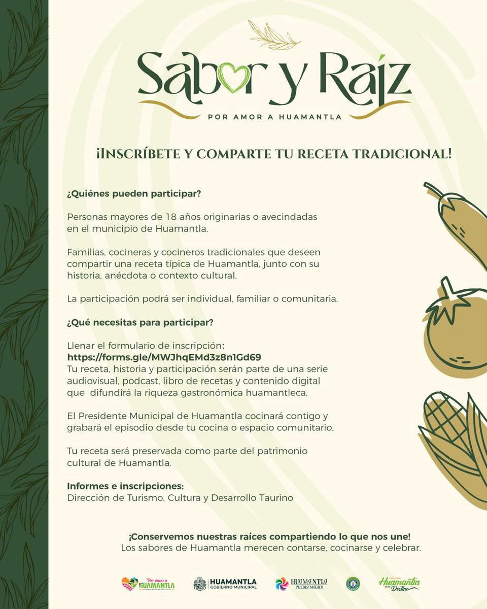 📣 Esta es la #convocatoria para quienes deseen participar en el proyecto Sabor y Raíz Por Amor a Huamantla, me va a dar mucho gusto conocer sus recetas y prepararlas con ustedes, escuchar sus anécdotas y compartir el pan y la sal al la mesa con todas y todos los huamantlecos. 👨‍🍳