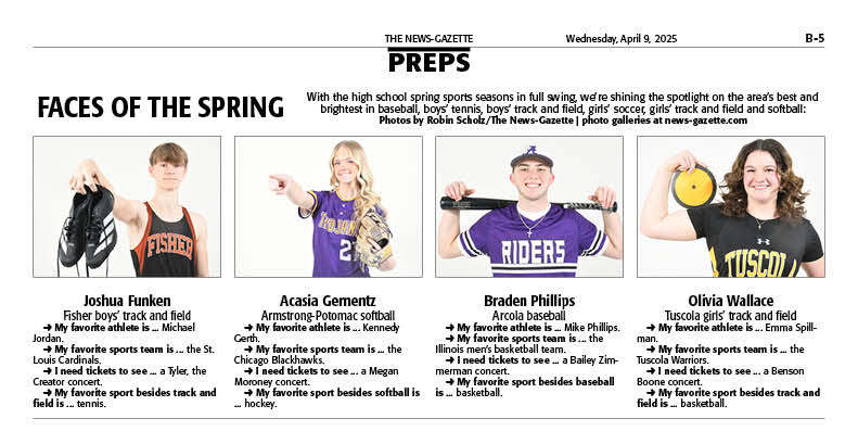 News-Gazette Preps (@ngpreps) on Twitter photo In Wednesday's <a href="/news_gazette/">The News-Gazette</a>: meet Joshua Funken from <a href="/FisherBunnies/">Fisher Schools</a> boys' track & field, Acasia Gernentz from <a href="/aths_225/">Armstrong HS</a> softball, Braden Phillips from <a href="/ArcolaAthletics/">Arcola Athletics</a> baseball and Olivia Wallace from <a href="/TuscolaAD/">Tuscola HS Athletics</a> girls' track & field as part of our Faces of the Spring series In Wednesday's <a href="/news_gazette/">The News-Gazette</a>: meet Joshua Funken from <a href="/FisherBunnies/">Fisher Schools</a> boys' track & field, Acasia Gernentz from <a href="/aths_225/">Armstrong HS</a> softball, Braden Phillips from <a href="/ArcolaAthletics/">Arcola Athletics</a> baseball and Olivia Wallace from <a href="/TuscolaAD/">Tuscola HS Athletics</a> girls' track & field as part of our Faces of the Spring series