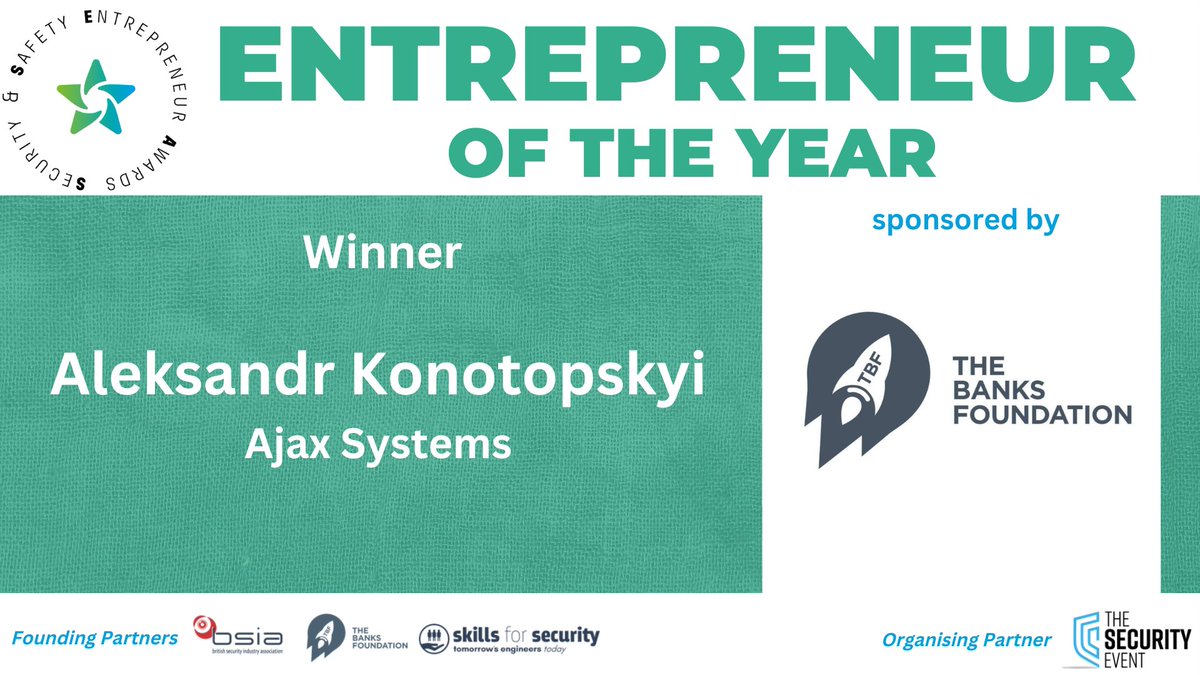 The first award is 'Entrepreneur of the Year' sponsored by The Banks Foundation (<a href="/TBFLIMITED/">The Banks Foundation</a>) and the winner is Aleksandr Konotopskyi from <a href="/ajax_systems/">Ajax Systems</a>!

Congratulations!

#SSEAs