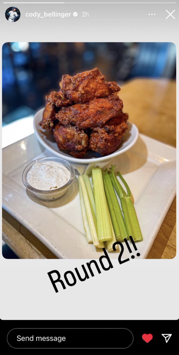 TalkinBasabell_'s tweet image. Cody Bellinger eats buffalo wings again after food poisoning, posting Instagram story captioned “Round 2!”
(@TalkinYanks)