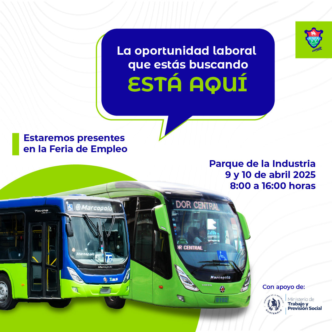 🚐🚦 ¡Atención!💼
La visión del alcalde <a href="/RQuinonezL/">Ricardo Quiñónez</a>  nos impulsa a ser el corazón del empleo.
📲 También puedes aplicar en línea: bit.ly/4cPr6mA
🚌 Llega fácil en #Línea13 o #Ruta801 👉 muniguate.com/movilidadurbana
Con el apoyo del <a href="/MINTRABAJOGuate/">MINTRAB</a> #UnLugarQueInspira