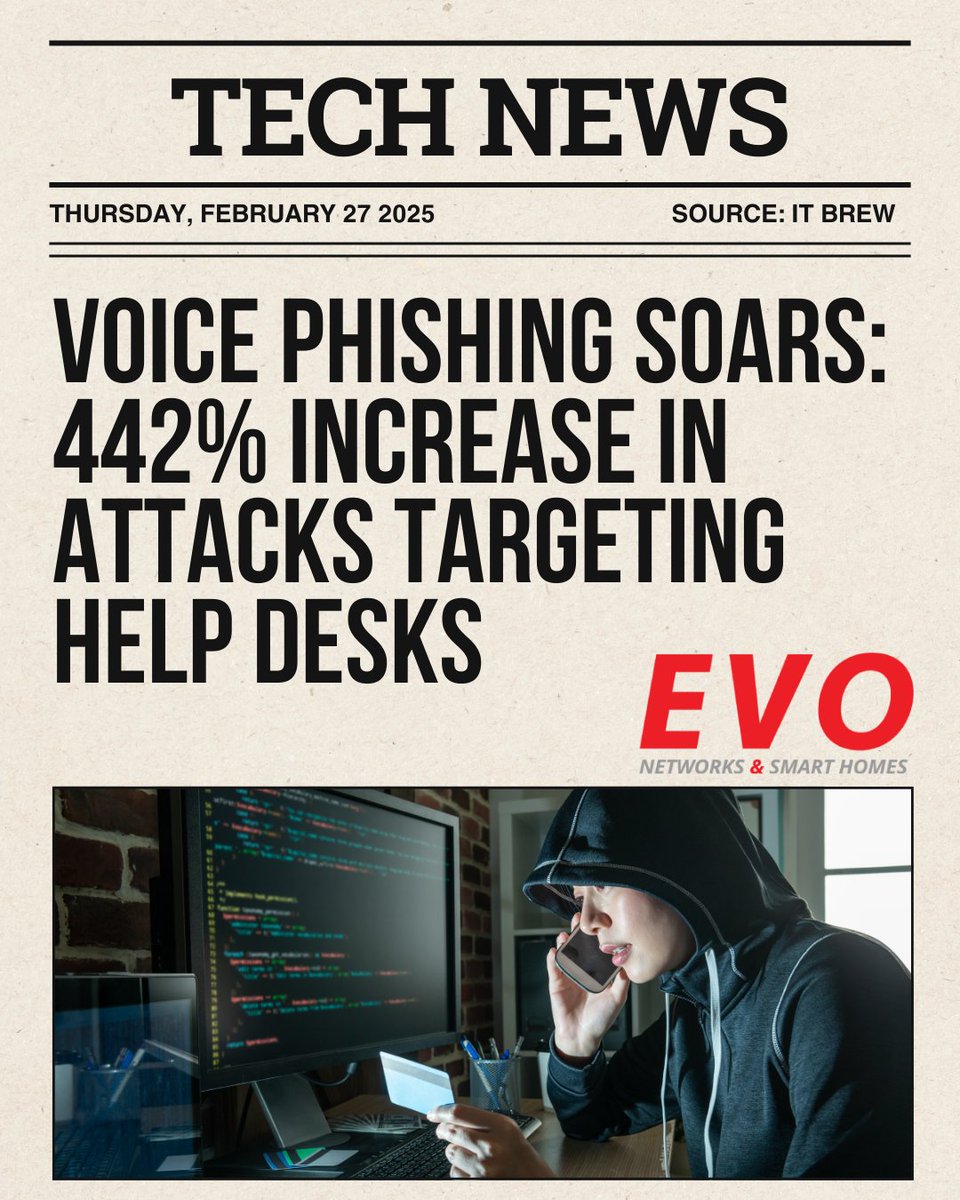 NetworksEvo's tweet photo. Voice phishing attacks are on the rise, with a 442% increase in 2024 alone!  Help desks are being targeted more than ever, putting your business at risk. Stay ahead of the threat with EVO Networks.

👉 Contact us for a free consultation at 954-866-1600. https://t.co/K02mPg3jTX