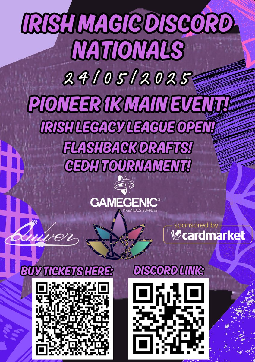 irish_magic's tweet photo. The Irish Magic Discord Nationals is on in just over a months time! Sponsored by @CardmarketMagic, @Gamegenic_ and @QuiverTime 
Our Pioneer 1K is our main event and will be a can't miss tournament! We also have a Irish Legacy League Open and a European cEDH Qualifier! https://t.co/TC1PnuPixM