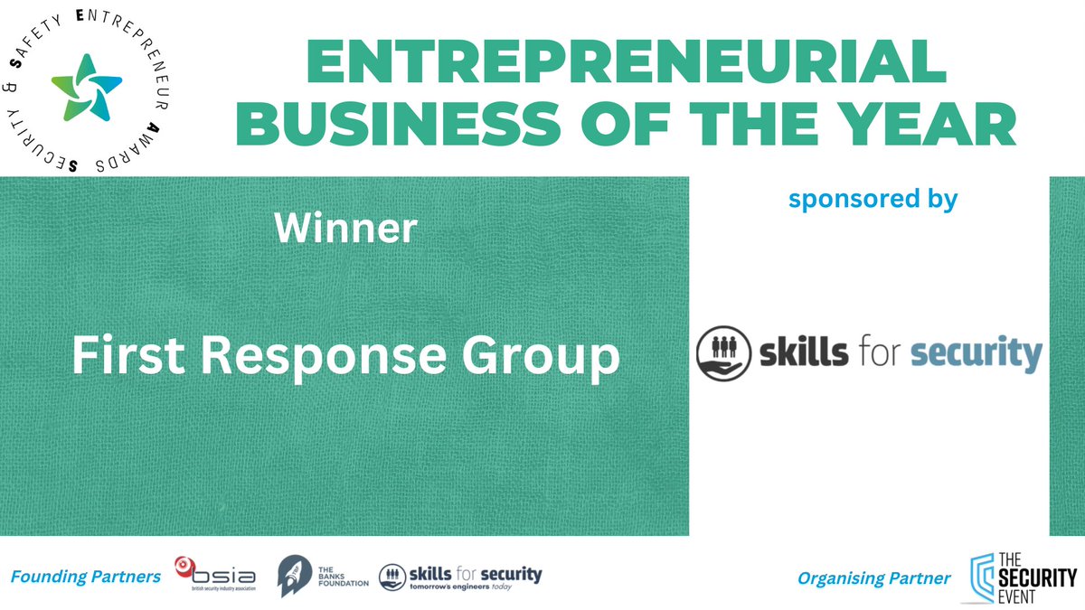 Next up is 'Entrepreneurial Business of the Year' award sponsored by Skills for Security (<a href="/Skills4Security/">Skills for Security</a>) and the winner is <a href="/FRGsecurity/">First Response Group</a>!

Many congratulations!  

#SSEAs
