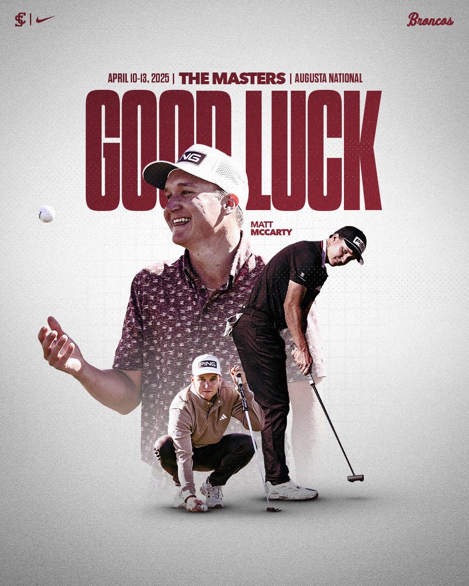 Santa Clara Men's Golf (@scugolf) on Twitter photo ๐๐๐๐
๐๐
๐๐ ๐ป๐ฏ๐ฌ ๐ด๐จ๐บ๐ป๐ฌ๐น๐บ
Wishing <a href="/mattmccarty21/">Matt McCarty</a> good luck as he heads to Augusta National to compete in his first ever Masters
๐ฐtinyurl.com/5ys3nhya
#StampedeTogether ๐๐๐๐
๐๐
๐๐ ๐ป๐ฏ๐ฌ ๐ด๐จ๐บ๐ป๐ฌ๐น๐บ
Wishing <a href="/mattmccarty21/">Matt McCarty</a> good luck as he heads to Augusta National to compete in his first ever Masters
๐ฐtinyurl.com/5ys3nhya
#StampedeTogether