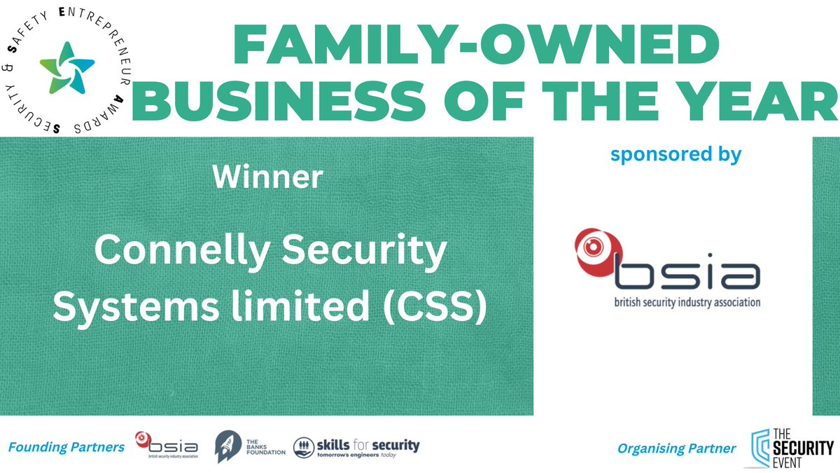 Next we have 'Family-Owned Business of the Year' sponsored by <a href="/thebsia/">British Security Industry Association (BSIA)</a> and the winner is Connelly Security Systems Limited (CSS)!

Many congratulations!

#SSEAs