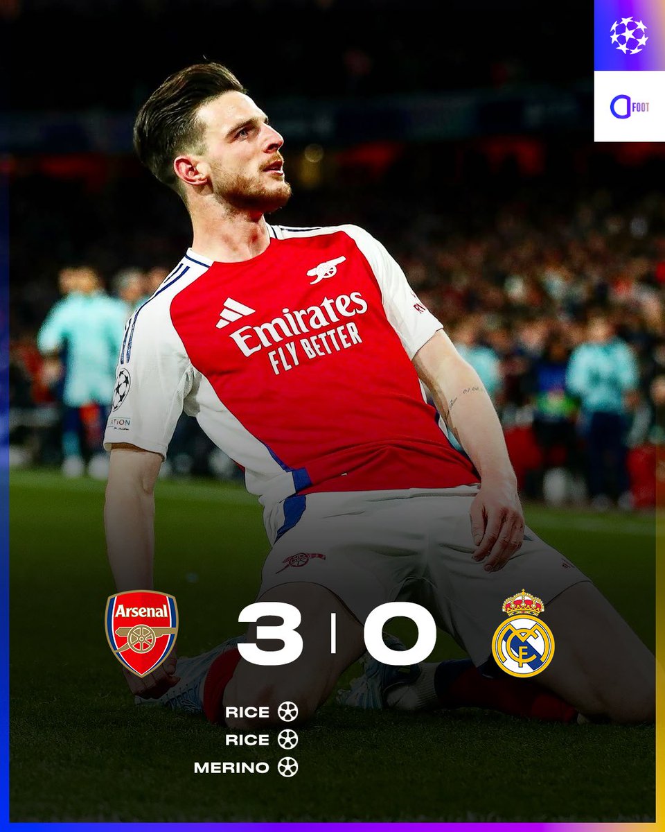 🚨 𝗔𝗥𝗦𝗘𝗡𝗔𝗟 𝗘𝗧 𝗥𝗜𝗖𝗘 𝗢𝗡𝗧 𝗗𝗘́𝗧𝗥𝗨𝗜𝗧 𝗟𝗘 𝗥𝗘𝗔𝗟 𝗠𝗔𝗗𝗥𝗜𝗗 !!! 😱❤️🤍

𝗖𝗘 𝗠𝗔𝗥𝗗𝗜 𝟴 𝗔𝗩𝗥𝗜𝗟 𝟮𝟬𝟮𝟱 𝗥𝗘𝗦𝗧𝗘𝗥𝗔 𝗗𝗔𝗡𝗦 𝗟’𝗛𝗜𝗦𝗧𝗢𝗜𝗥𝗘. ✨

Declan Rice a obtenu ce soir notre respect éternel.

Deux coups franc en 12 minutes face au plus