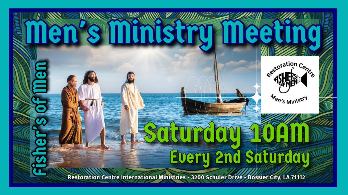 RcbcMedia's tweet image. 🐟 FISHERS OF MEN: MEN'S MINISTRY 🐟
Meeting every 2nd Saturday - 10AM
AT:
Restoration Centre International Ministries
3200 Schuler Drive - Bossier City, LA 71112
.
FOR MORE CONTACT:
Pastor Timothy Keys -or- Apostle Thomas E. Keys, Jr.
.
.
.
#FishersOfMen
#FOFMensMinistry
#restbc