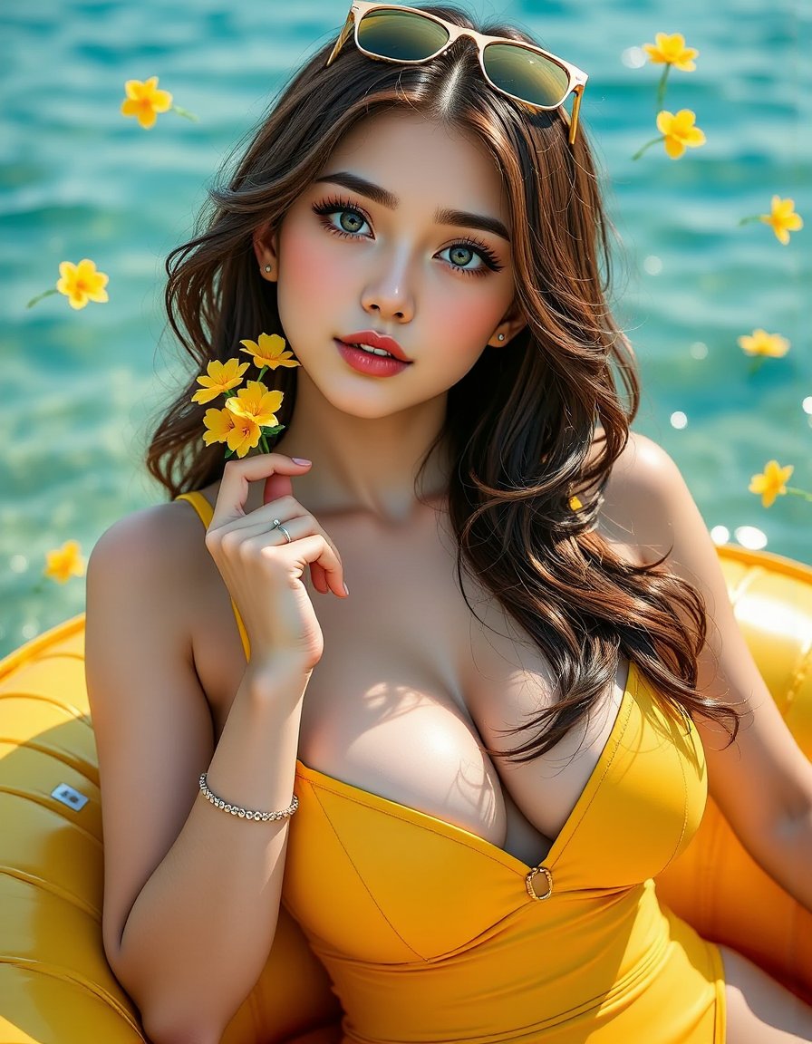 aifeifei799's tweet image. ✨ Summer vibes in sunny yellow! 🌊💛 Laying on my floatie, winking at you in this cute high-waist bikini~ Swipe for playful waves, golden accents &amp;amp; a touch of spring florals! 🌸 #KPOPModel #PoolsideGlam