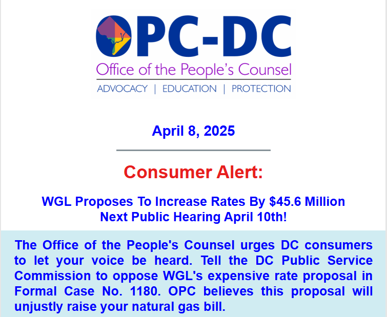 DC People's Counsel (@dcopc) on Twitter photo April 10 is the time for DC residents to speak out! Show up at the Public Service Commission public hearing Thursday, on a huge rate increase Washington Gas is seeking. Learn why <a href="/DCOPC/">DC People's Counsel</a> urges the PSC to reject it: conta.cc/4iVS4w1 #OPCadvocates #OPCeducates #OPCprotects April 10 is the time for DC residents to speak out! Show up at the Public Service Commission public hearing Thursday, on a huge rate increase Washington Gas is seeking. Learn why <a href="/DCOPC/">DC People's Counsel</a> urges the PSC to reject it: conta.cc/4iVS4w1 #OPCadvocates #OPCeducates #OPCprotects