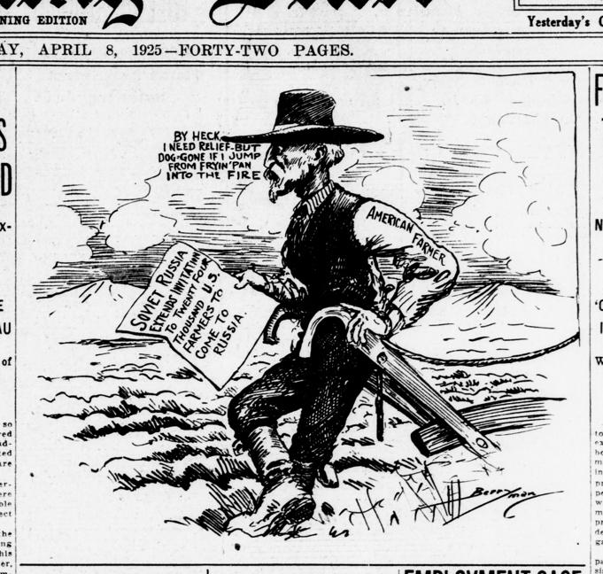 OOH99's tweet photo. Didn't know that... American farmers went to Russia in the 1920s to assist with famine relief + agricultural development
Source 'Evening Star' newspaper cartoon #OTD 1925 https://t.co/ZSoBJc8vRF #ChronAm https://t.co/Ll2sxZlbHA