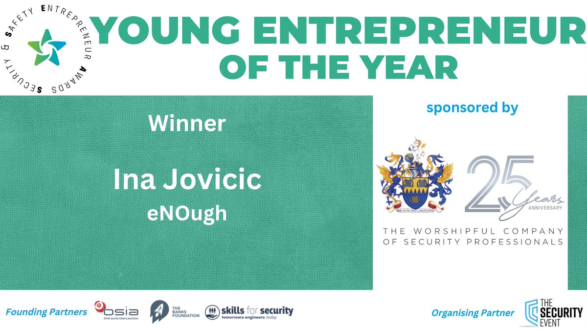 Our penultimate award for the SSEAs is 'Young Entrepreneur of the Year' sponsored by the Worshipful Company of Security Professionals <a href="/WCOSyP/">Worshipful Company of Security Professionals</a>  and the winner is Ina Jovicic from eNOugh!

#SSEAs