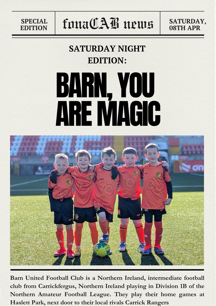 "Front page stars!
A huge shout out to Barn Youth Academy , who are proudly featured on the front page of this week’s <a href="/fonacabbelfast/">fonaCAB</a>  News! Great to see the next generation shining both on and off the pitch."
