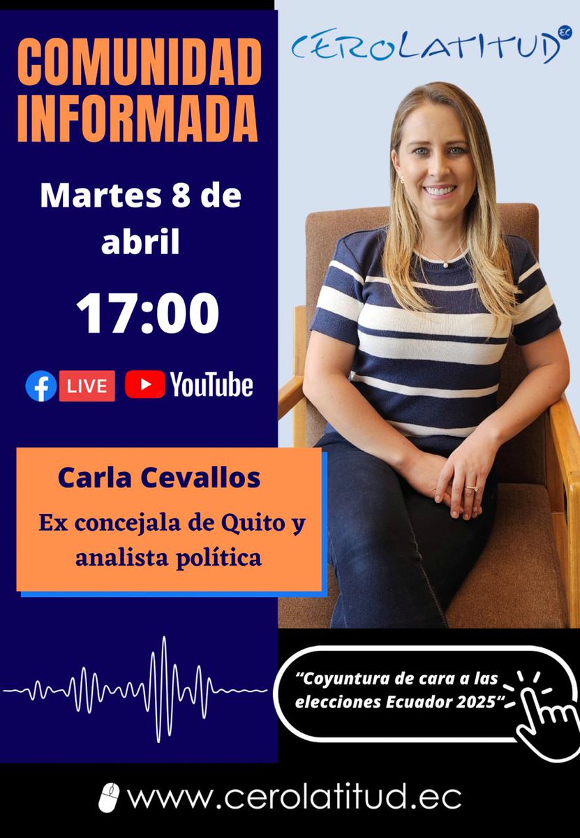 CarlaCevallosR's tweet photo. ¿Qué nos espera en las #Elecciones2025?
Este martes 8/4 a las 17h00 acompáñame en Comunidad Informada por @cerolatitud_ec.
Analizaremos la coyuntura política y el rol de la ciudadanía, sin filtros y #ConCriterioClaro.
En vivo por Facebook y YouTube.
#CarlaCevallos #conCC #cCC https://t.co/XS4qL3XXtW
