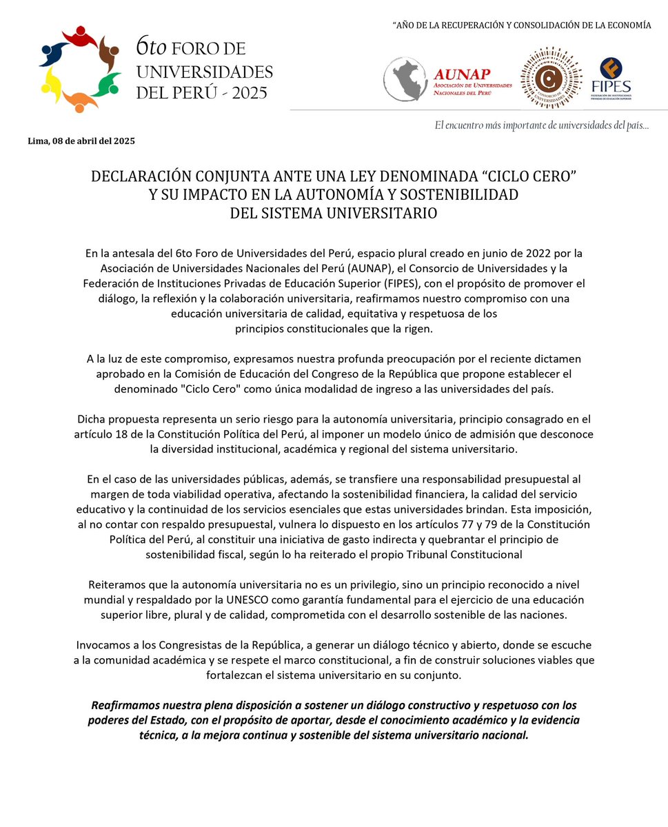 #ComunicadoConsorcio
#PUCP #CayetanoHeredia #UdelPacifico #UdeLima 
#AUNAP #FIPES