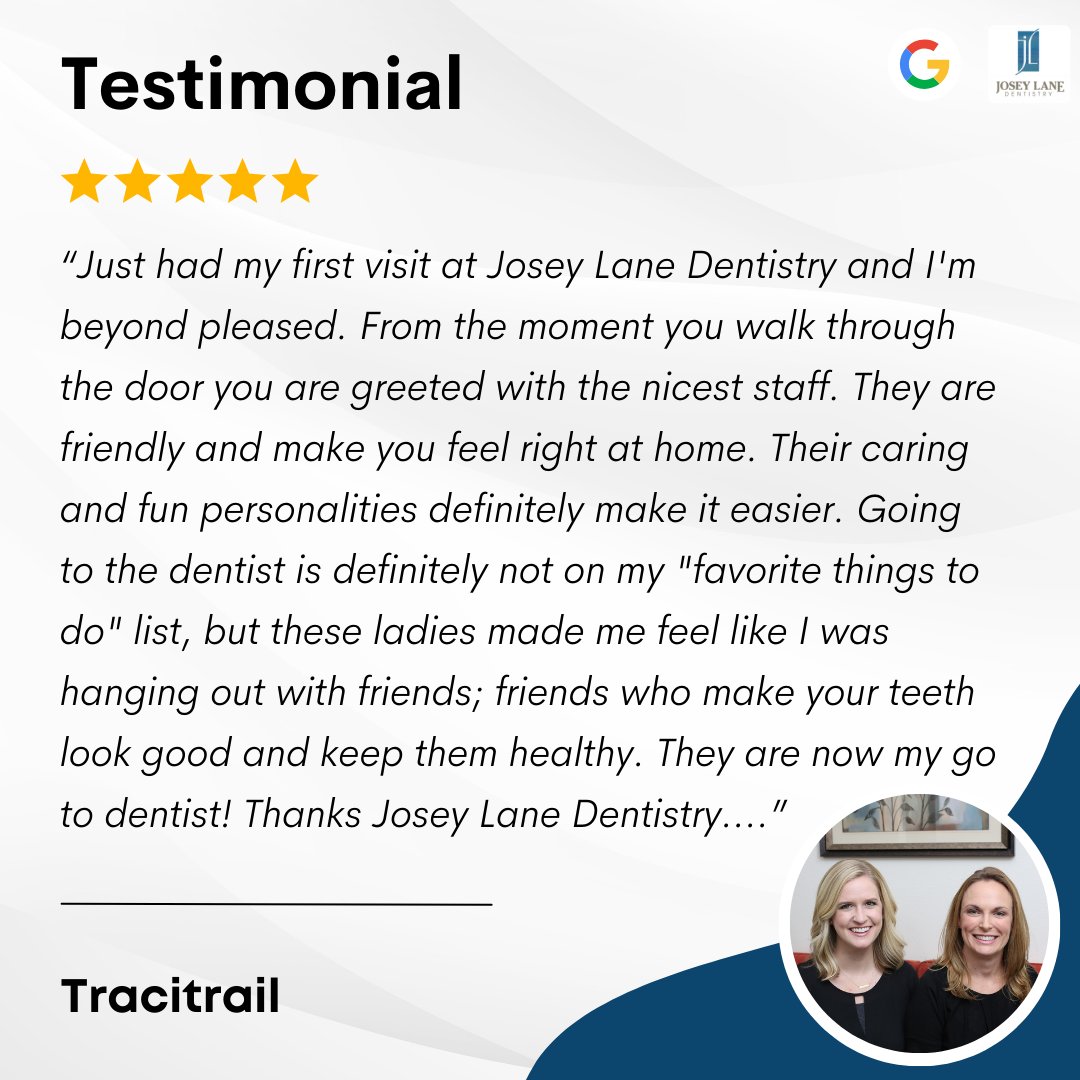 JoseyLane1's tweet photo. We at Josey Lane Dentistry thank Tracitrail for their kind words. We are pleased our staff made your first visit enjoyable. We strive to create a warm environment to ease dental anxiety. https://t.co/ckqeVlYw7D