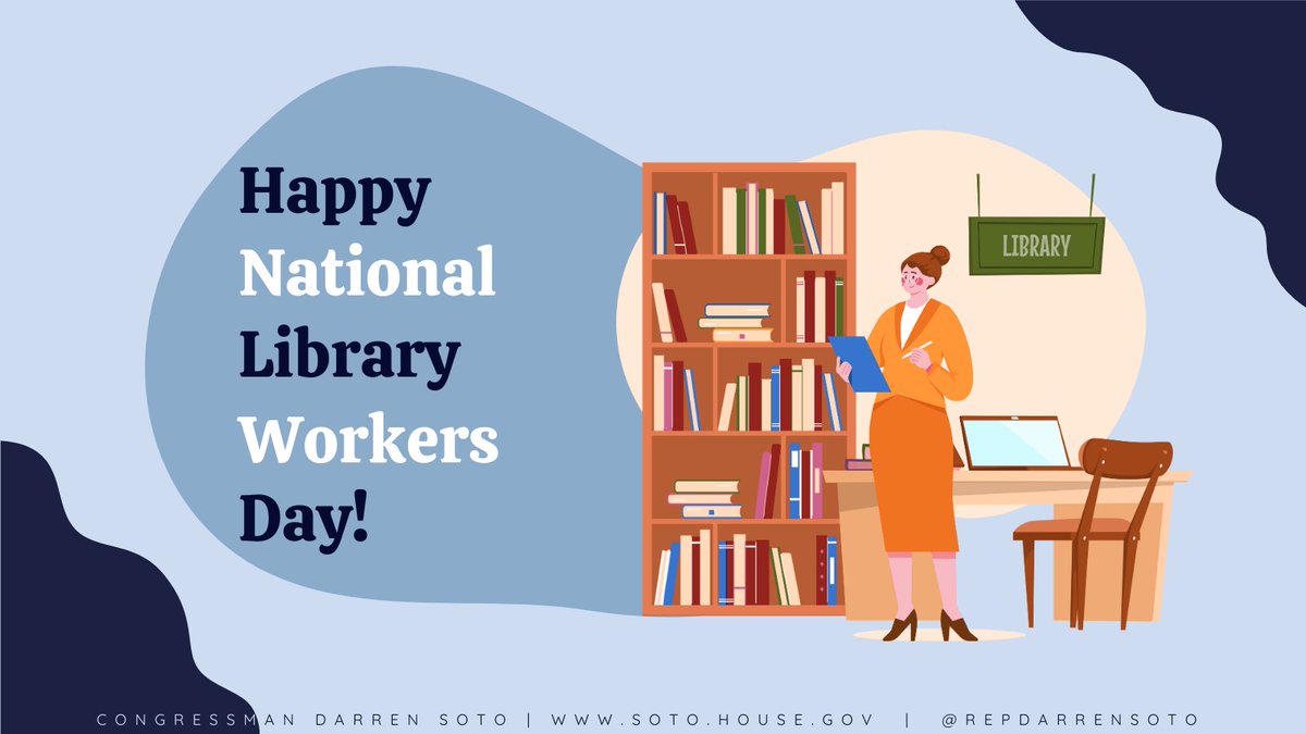 RepDarrenSoto's tweet photo. Today is #NationalLibraryWorkers Day!
 
Team Soto is proud to support library workers &amp; the critical role they play in keeping our libraries running &amp; our public informed. https://t.co/eRiirSl5RU