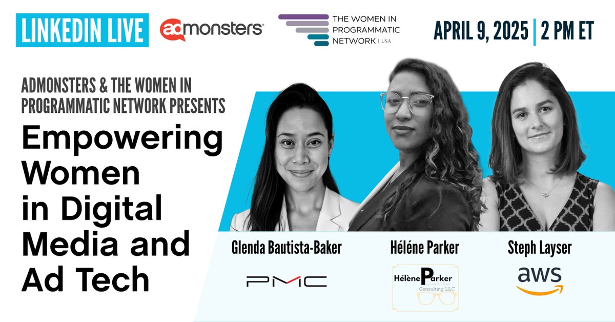 ⏰ Don’t miss out TOMORROW at 2 PM ET! ⏰ Join us for Empowering Women in Digital Media and Ad Tech—a LinkedIn Live event hosted by AdMonsters and Women In Programmatic Network. Hear from top leaders in ad tech! RSVP now: bit.ly/447vPys #WomenInTech #AdTech