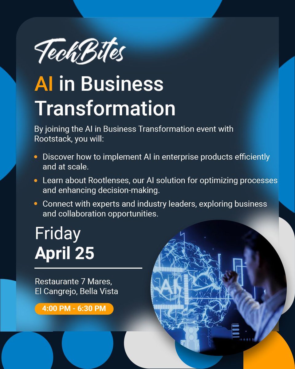 rootstack's tweet image. 🚀 Why should you attend TechBites: AI in Business Transformation?
🤝 Connect with top experts and unlock new collaboration opportunities.
🗓️ Friday, April 25th | ⏰ 4:00 PM - 6:30 PM
📍 Restaurante 7 Mares, El Cangrejo, Bella Vista
#TechBites #Rootstack #AIforBusiness