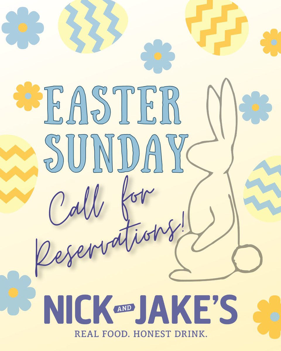 Hop to it! Easter reservations are filling fast! call your favorite Nick and Jake's location to make yours today! 🐰💜

Easter Hours Sunday, April 20th 
Open 9:30 am 
Last Seating 3:30 pm 
Kitchen Closes 4:00 pm 
🍳 Brunch Menu at nickandjakes.com/easter