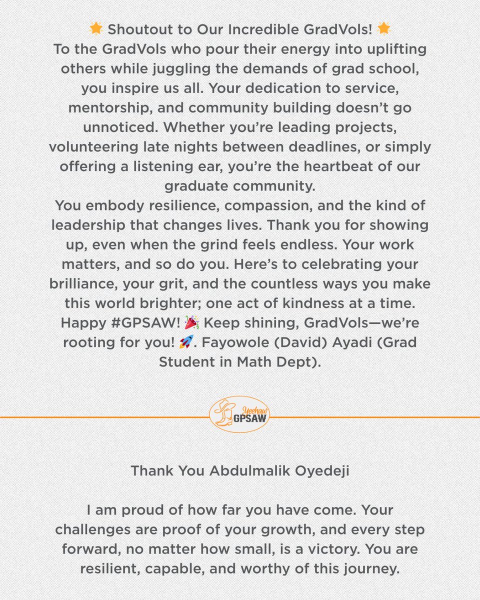 Post a message to a GradVol on the Graduate and Professional Student Appreciation Board at tiny.utk.edu/thank-a-grad