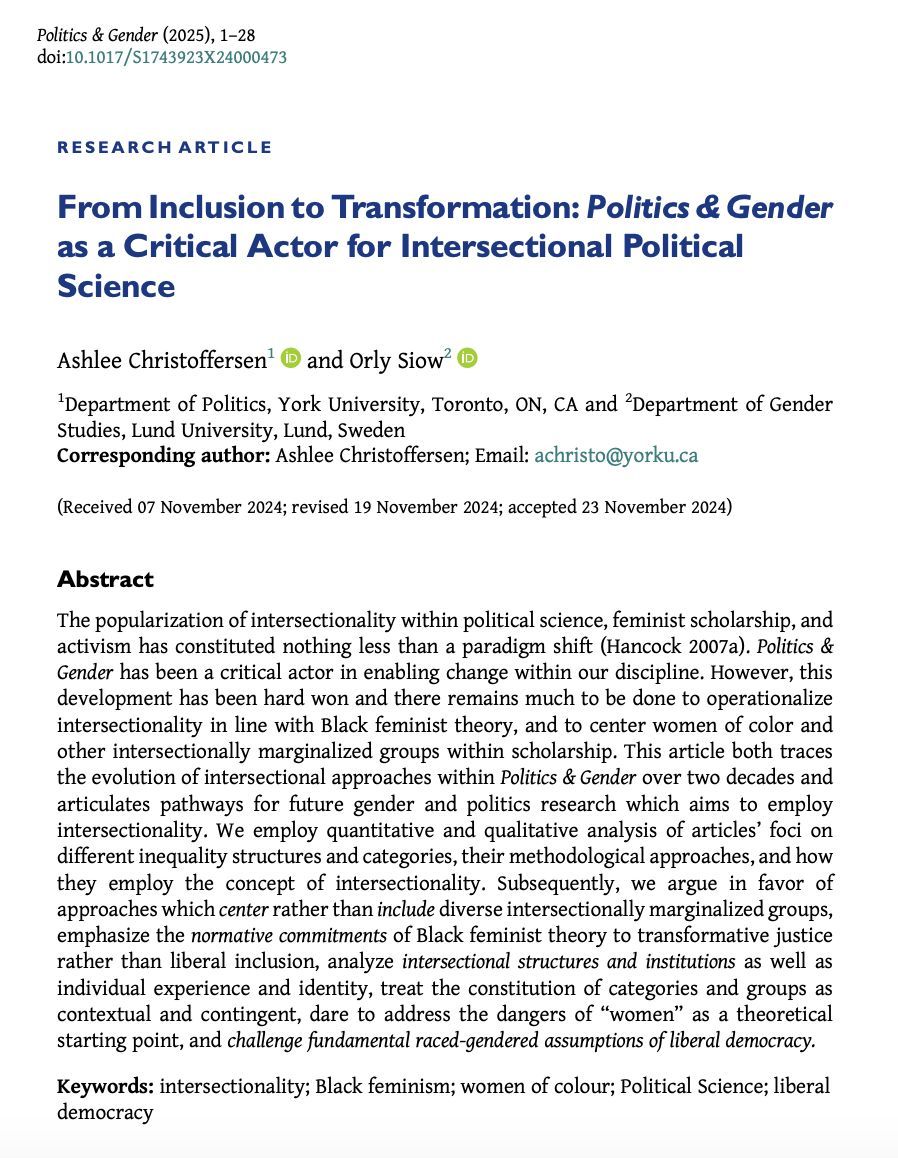 Politics & Gender (@politicsgenderj) on Twitter photo 📢New issue of #PAG21 is out!📢
<a href="/DrAshlee_C/">Ashlee Christoffersen</a> & <a href="/DrOrlySiow/">Dr Orly Siow</a> examine how intersectionality has been used within P&G and outline ways for future contributions to embrace the original Black feminist intentions of the concept.
🌟Available #OpenAccess🌟
buff.ly/82A6iUt 📢New issue of #PAG21 is out!📢
<a href="/DrAshlee_C/">Ashlee Christoffersen</a> & <a href="/DrOrlySiow/">Dr Orly Siow</a> examine how intersectionality has been used within P&G and outline ways for future contributions to embrace the original Black feminist intentions of the concept.
🌟Available #OpenAccess🌟
buff.ly/82A6iUt