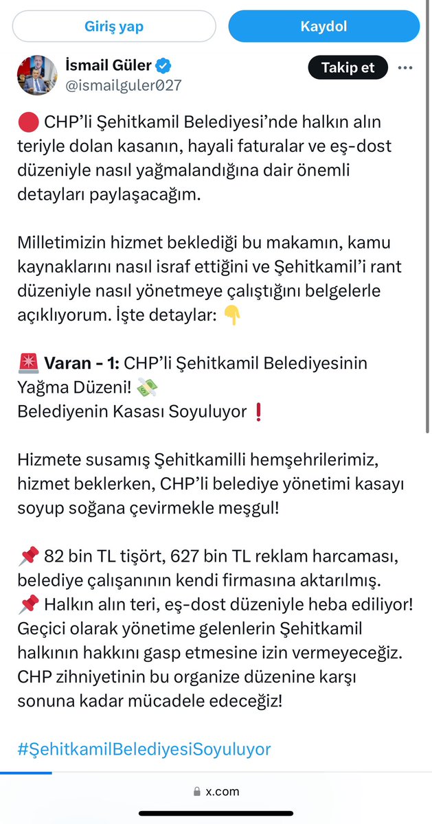 muratagirel's tweet photo. Şehitkamil Belediye Başkanı Umut Yılmaz, CHP’den istifa etti. Zehir zemberek bir açıklama yapan Yılmaz’la görüştüm. 

Yılmaz’ın açıklamasından:
“Şahsi ikbal peşinde koşanlar, ahlak dışı kumpaslar, tehditler, belediye meclisinin basılması, başkan yardımcısının partilisi tarafından vurulması… Artık tahammül sınırları aşılmıştır.”

İçeriden sistematik baskı kurulduğunu, aileye tehditler yöneltildiğini, belediye başkan yardımcısının partilisi tarafından vurulduğunu, meclis üyelerinin her ihaleyi suç duyurusuna dönüştürdüğünü söyledi. “En çok oy alan meclis üyesi başkan yardımcısı yapılmadı diye beni her gün savcılığa şikâyet etti. Amaç, görevden aldırıp yerine kendi adamlarını geçirmekti. Genel Merkez’i ve İl Başkanlığı’nı defalarca uyardım, disipline sevk oldu ama işlem yapılmadı. Denetim Raporu’ndaki iddiaların tamamı daha önce aynı kişi tarafından savcılığa verildi. Bu artık siyasi değil, kişisel bir tasfiye süreciydi” dedi. 

İddiaların hedefindeki Ersin Atar ile de konuştum: “Ne yazık ki Başkan yalan söylüyor. Suç duyurusunu yapan ben değilim AKP İlçe Başkanı İsmail Güler’dir, belgeleri sosyal medyada vardır. Biz tüm uyarılarımızı yaptık ancak dinlenilmedi.Yapılan usulsüzlükleri Genel Merkez’e de bildirdik.Sonrasında da AKP Meclis üyeleri ile birlikte denetim raporuna geçirdik. Ekrem İmamoğlu’nun diploması iptal edilince Erdoğan’ın posteri belediyeye asıldı. Sonrasında AKP’ye geçmek için görüşmeler yapıldı. AHaber’de bu konuda çıkan haber hemen kaldırıldı. Meclis çoğunluğunu değiştirecek sayı oluşunca istifa etti. Bu, yazılmış bir senaryonun sahneye konmasıydı. Denetim raporundaki her iddia doğrudur” dedi.