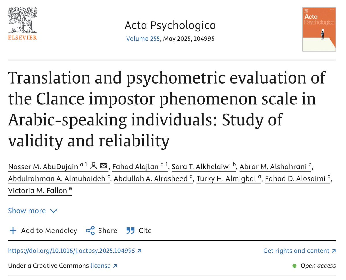 Sharing our latest publication about validating the well-known "Clance imposter phenomenon scale" in Arabic. Our research recruited patients in medical and non-medical fields to pave the way for future research in the Arab region.

Read the article: doi.org/10.1016/j.actp…