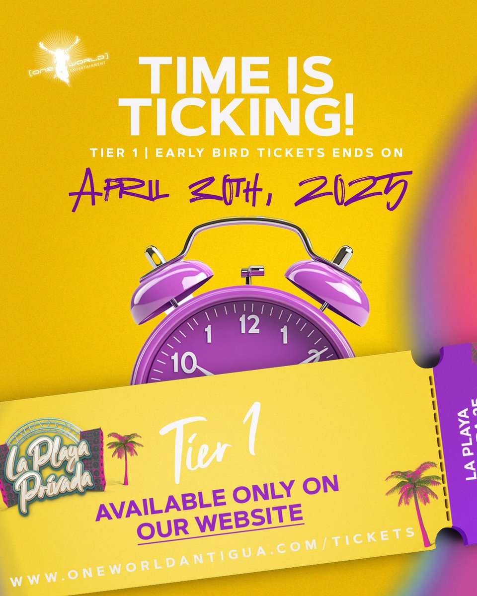 oneworldantigua's tweet photo. Clock’s Ticking ⏰! Early Bird tickets are flying away in 2️⃣2️⃣days! 🔥🥳

 🎟️🔥  | EARLY BIRD TICKETS ARE LIVE ON OUR WEBSITE! https://t.co/0UfXJtAB48 

#LaPlayaPrivada2025 

📆Sunday July 27th, 2025
📍 Sir Vivian Richards Cricket Stadium 
⏰ 4PM UNTIL https://t.co/qlLWCPja1a