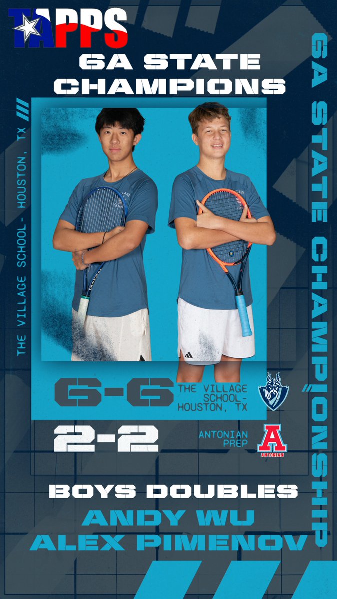 Villageteams's tweet image. 🏆STATE CHAMPIONS🏆
Congrats to our @VillageVikings Boys Doubles team of Andy Wu & Alex Pimenov on winning the @TAPPS_Tennis 6A Boys Doubles State Championship!
#VillageTennis
#weareVILLAGE
