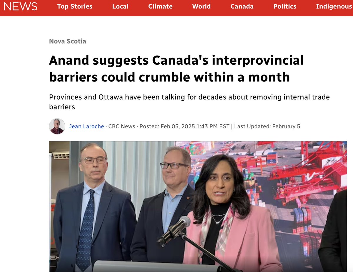 On Feb 5, @AnitaAnandOE said 🇨🇦 interprovincial trade barriers could be gone in a month. It's been 2⃣ months. How's that going?
