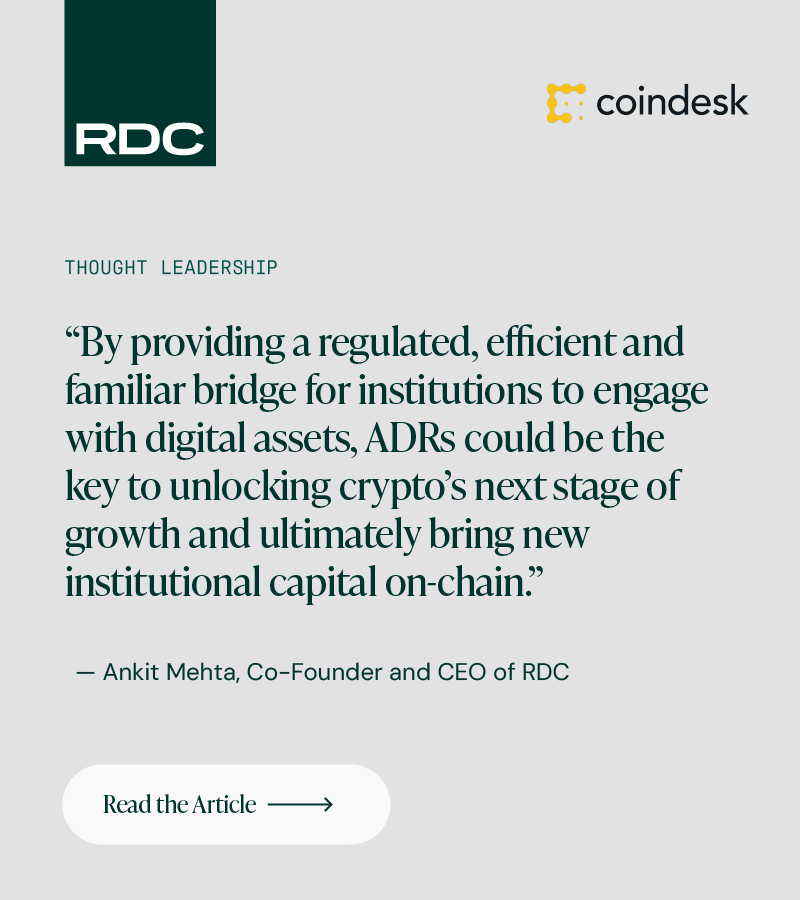 RDC Co-Founder &amp; CEO <a href="/Ankit/">Ankit</a> Mehta was featured in <a href="/CoinDesk/">CoinDesk</a>’s Crypto Long &amp; Short newsletter, discussing how crypto-focused ADRs address the regulatory and operational hurdles institutions face in digital assets.

Read the full article: bit.ly/3RujnkW